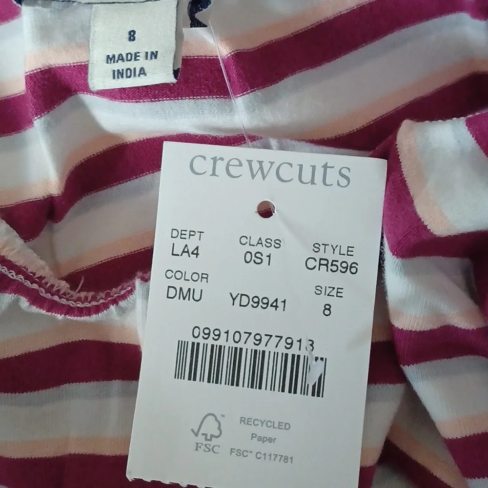 New J. Crew Crewcuts Girls Bubble-Sleeve  Mixy Dress in Stripe Deep Mulberry 8
